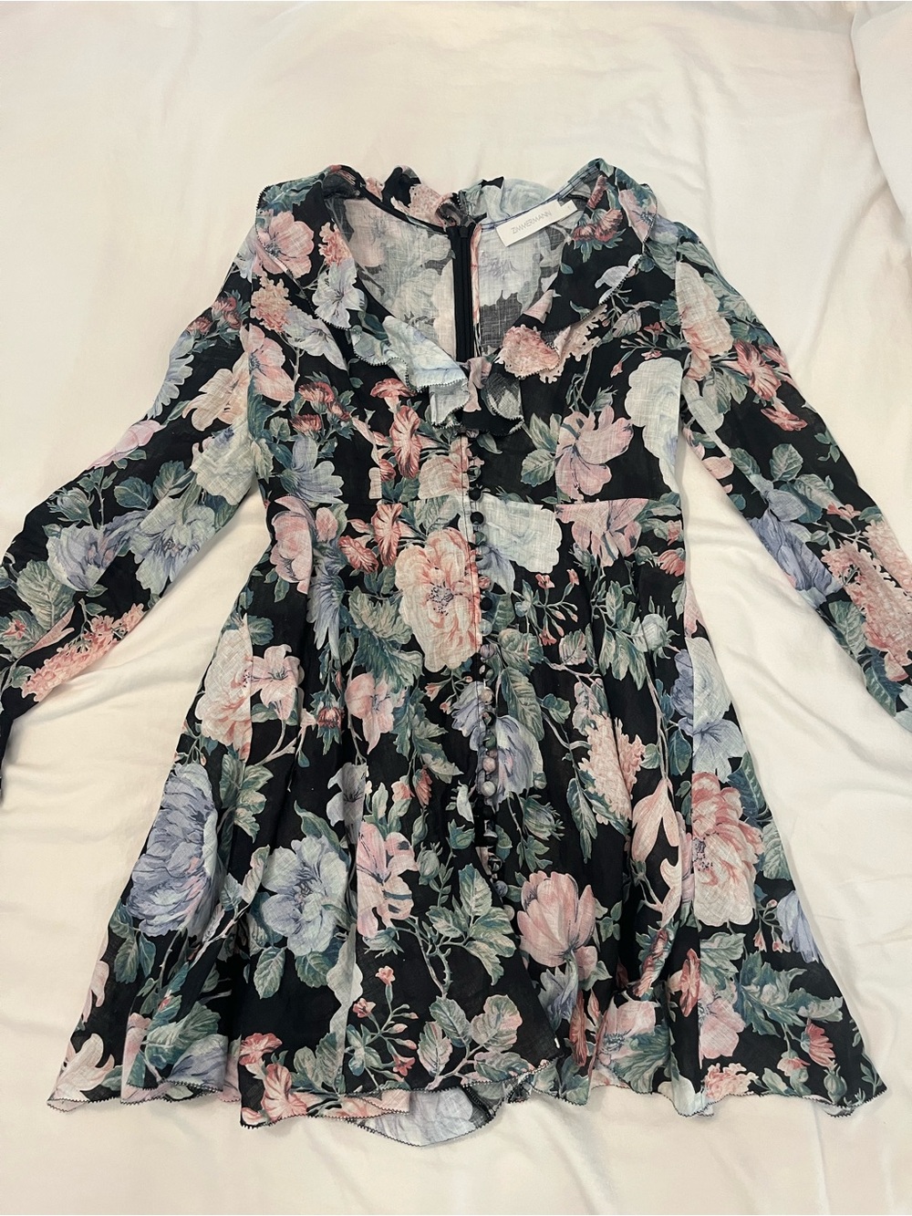 Zimmermann Size 1 Black Floral Ruffle Long-Sleeve Mini Dress with Pastel Blooms